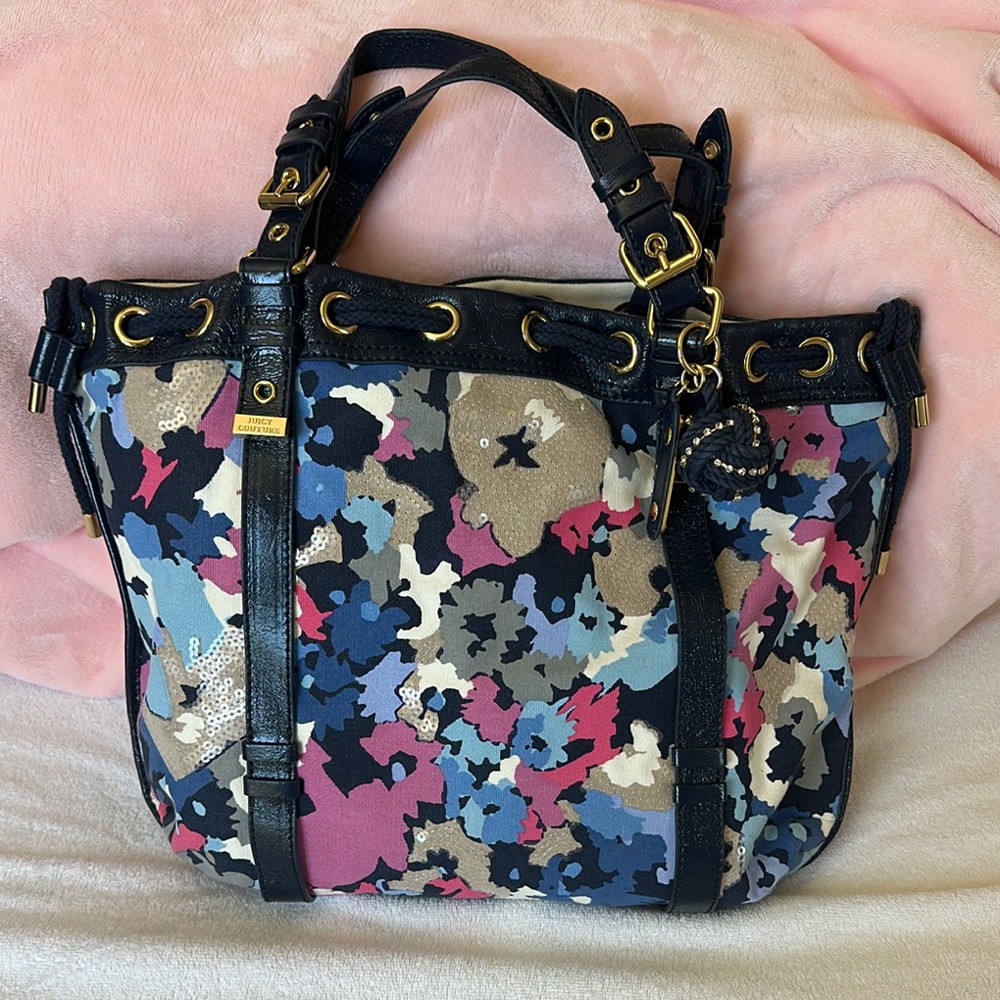 JUICY Couture Regal Blue Multi Floral Sequin‎ Canvas Beverly Tote